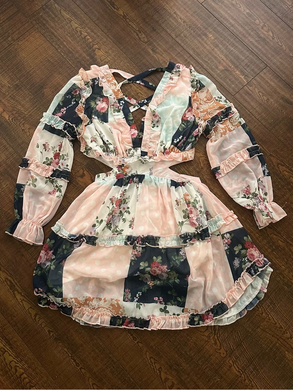American Vintage Pink and Navy Floral Coquette Patchwork Mini Dress